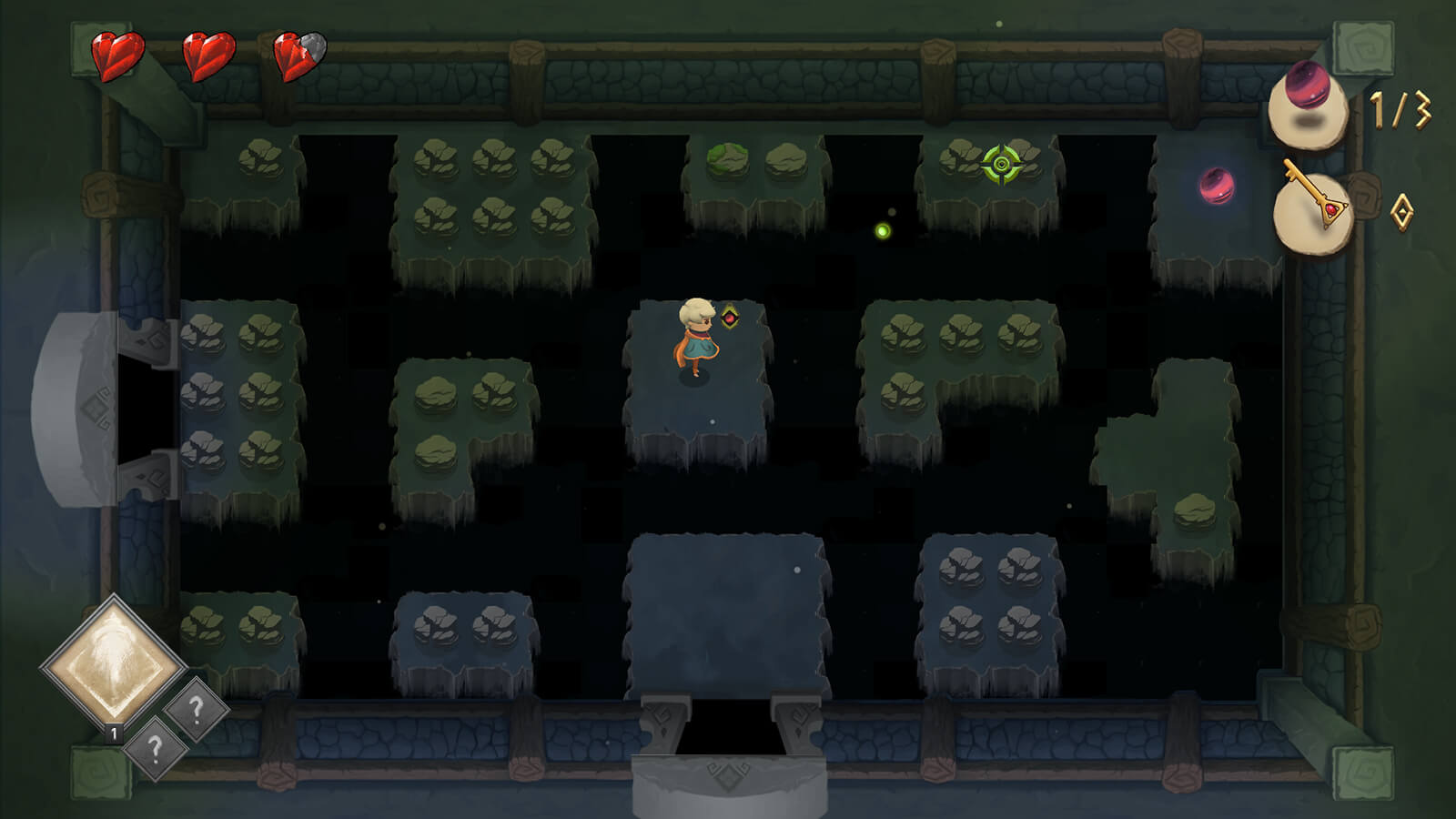 A young robed adventurer stands in a dungeon room full of floating platforms covered in rocks. 