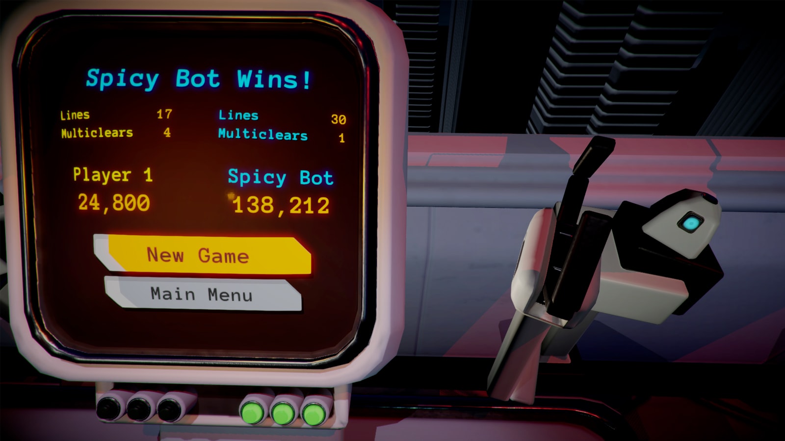 A computer screen says "Spicy Bot Wins!" with a "New Game" or "Main Menu" selection option. 