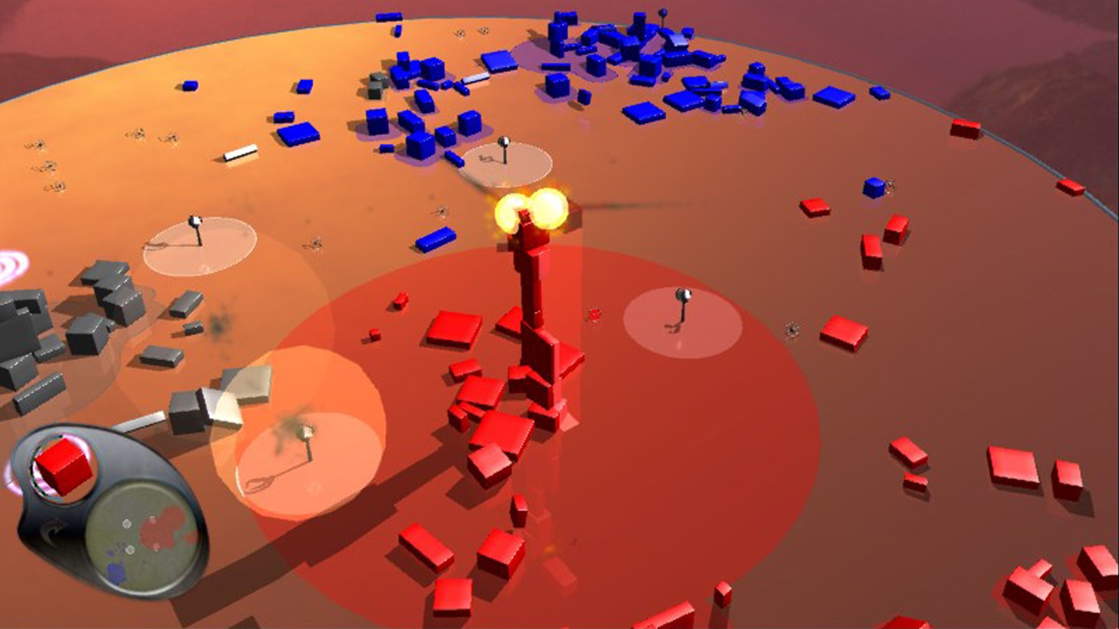An explosion erupts at the top of a stack of red shapes. 