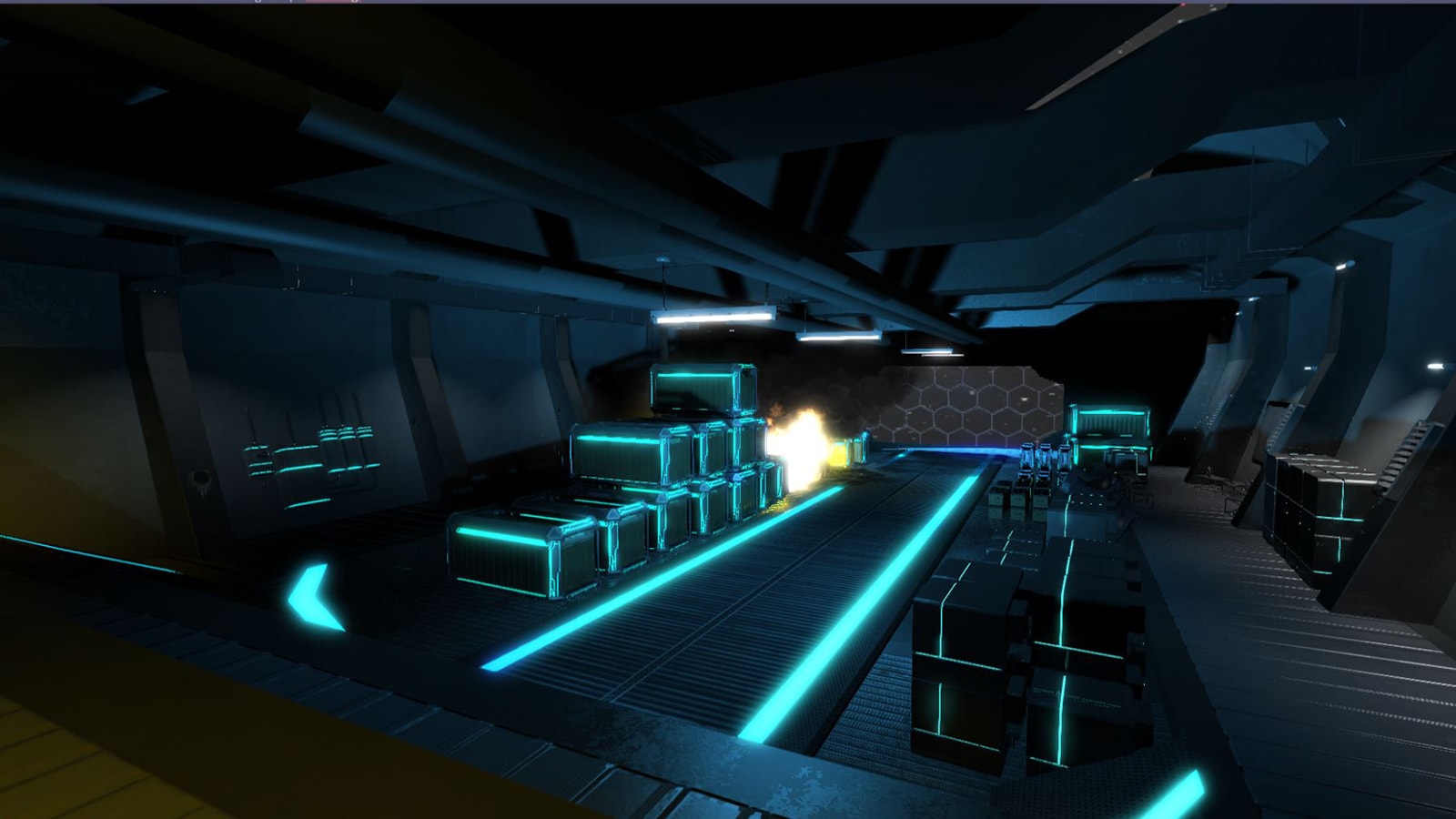 An explosion behind a stack of glowing crates in a futuristic storage room.