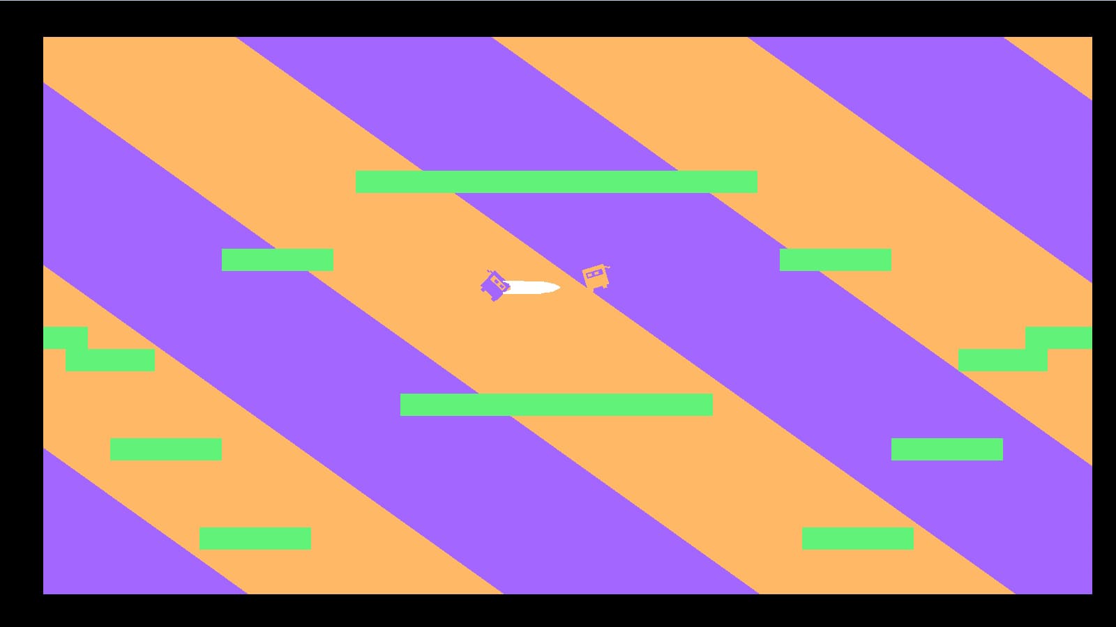 Two square purple and orange ninjas fight each other against a striped purple and orange background. 