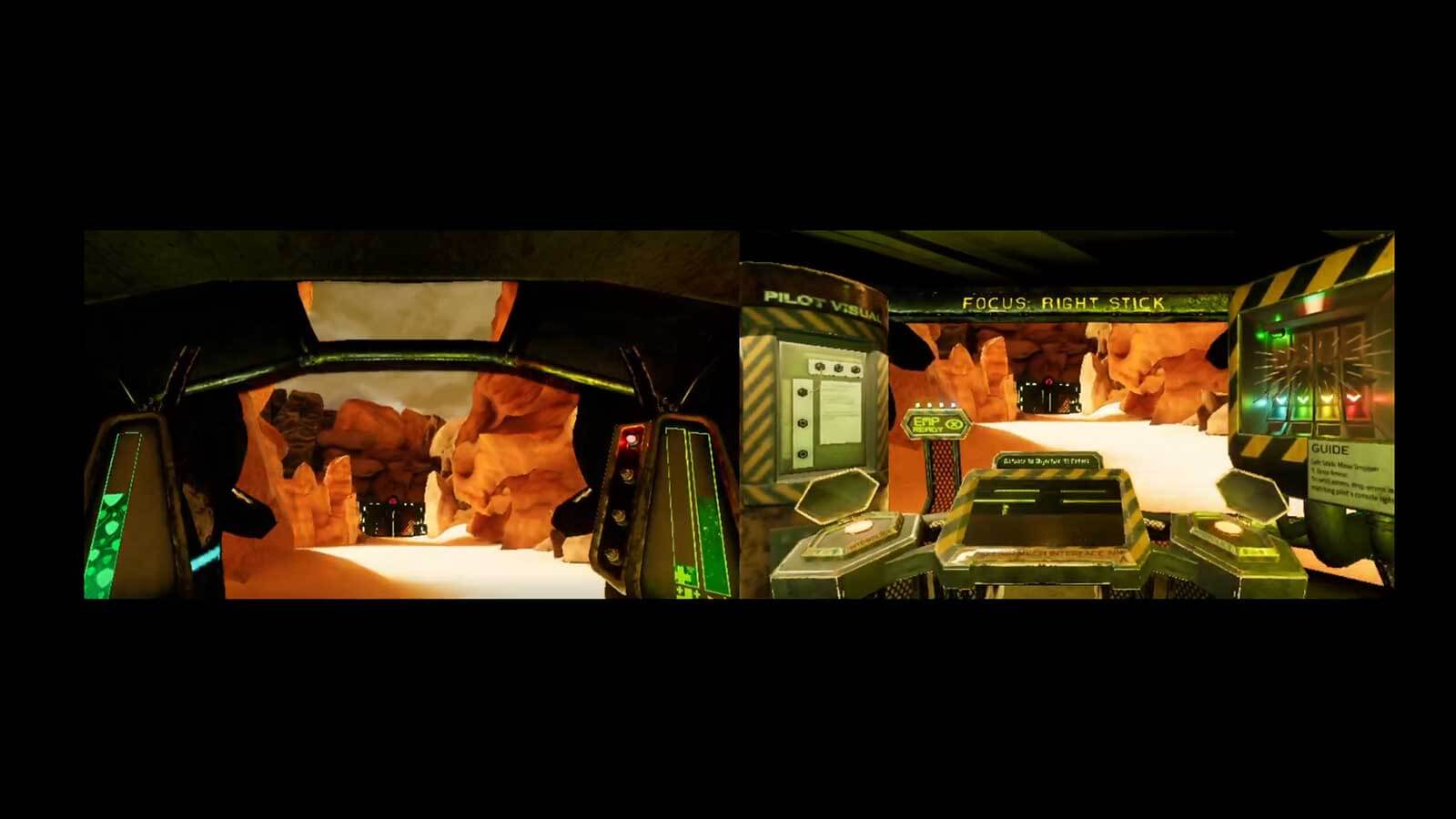 Side-by-side view of mech suit piloting cockpit and engineering controls