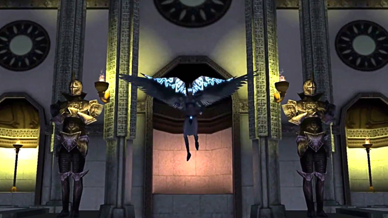 A winged supernatural being floats in front of an ornate stone edifice flanked by knights. 