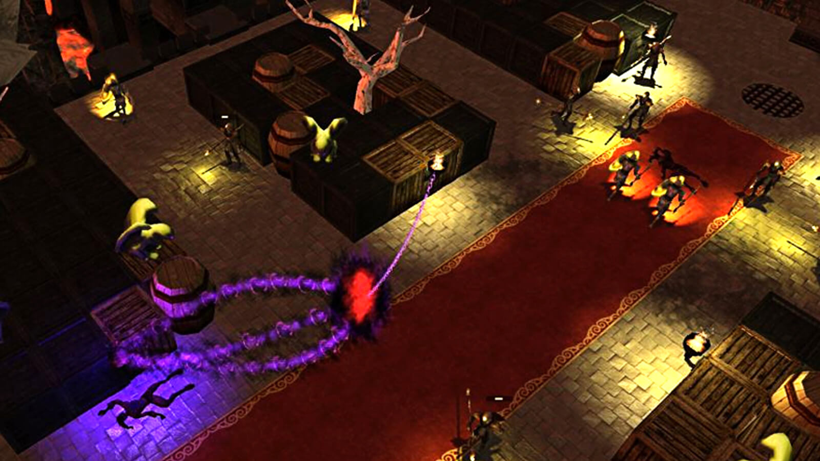 A purple spectral light trail flows from a downed enemy to a torch in a room full of crates and guards. 