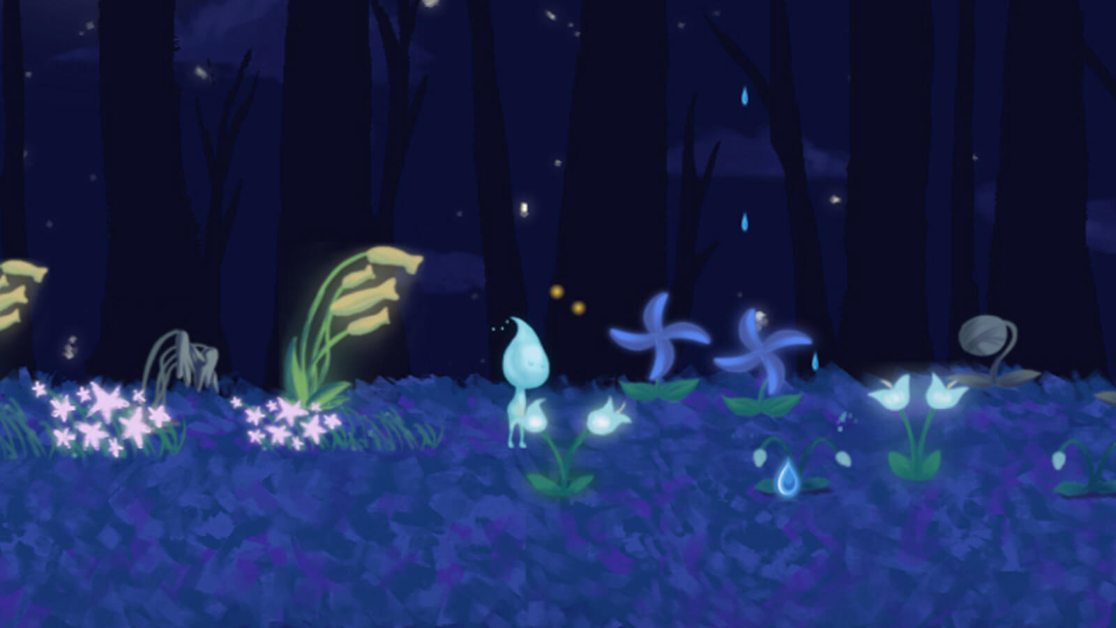 Douse, the raindrop main character of the game, walks among the flowers.