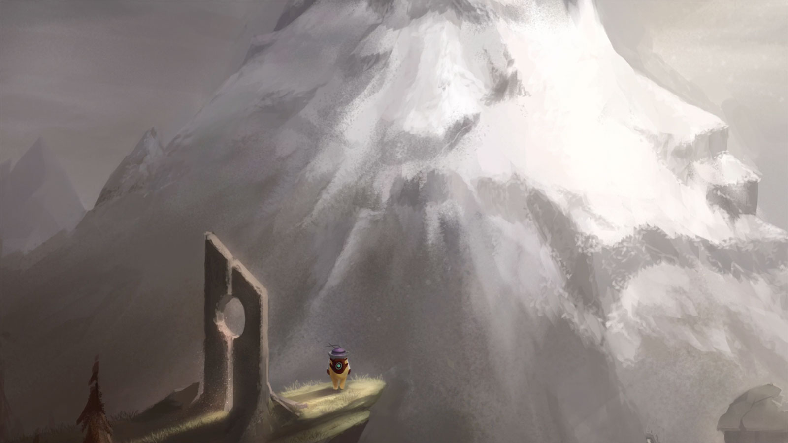 Pilot character stands on a precipice before a large mountain.