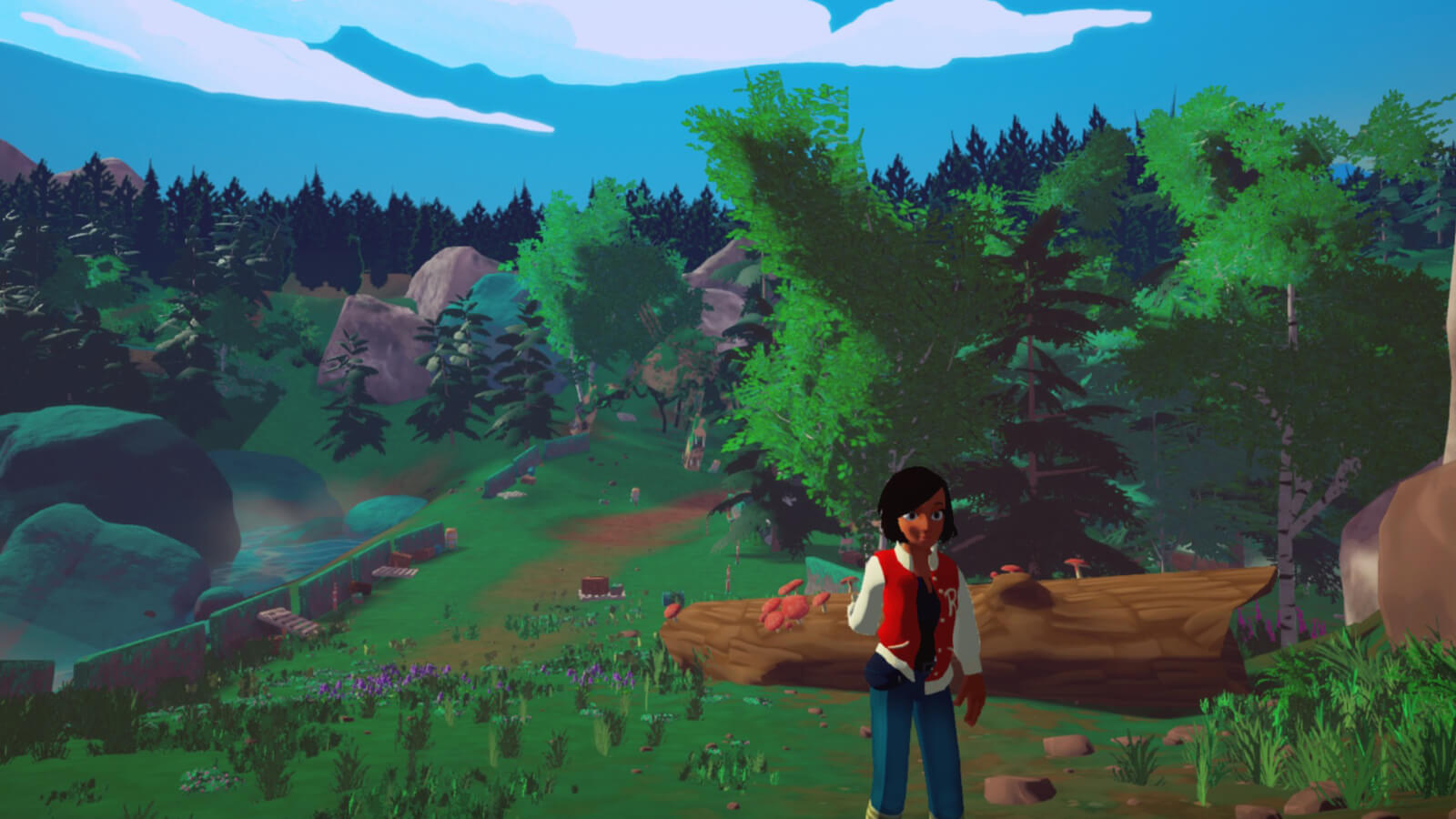 Elegy's main character, Robin, walking up a hill in a forested landscape