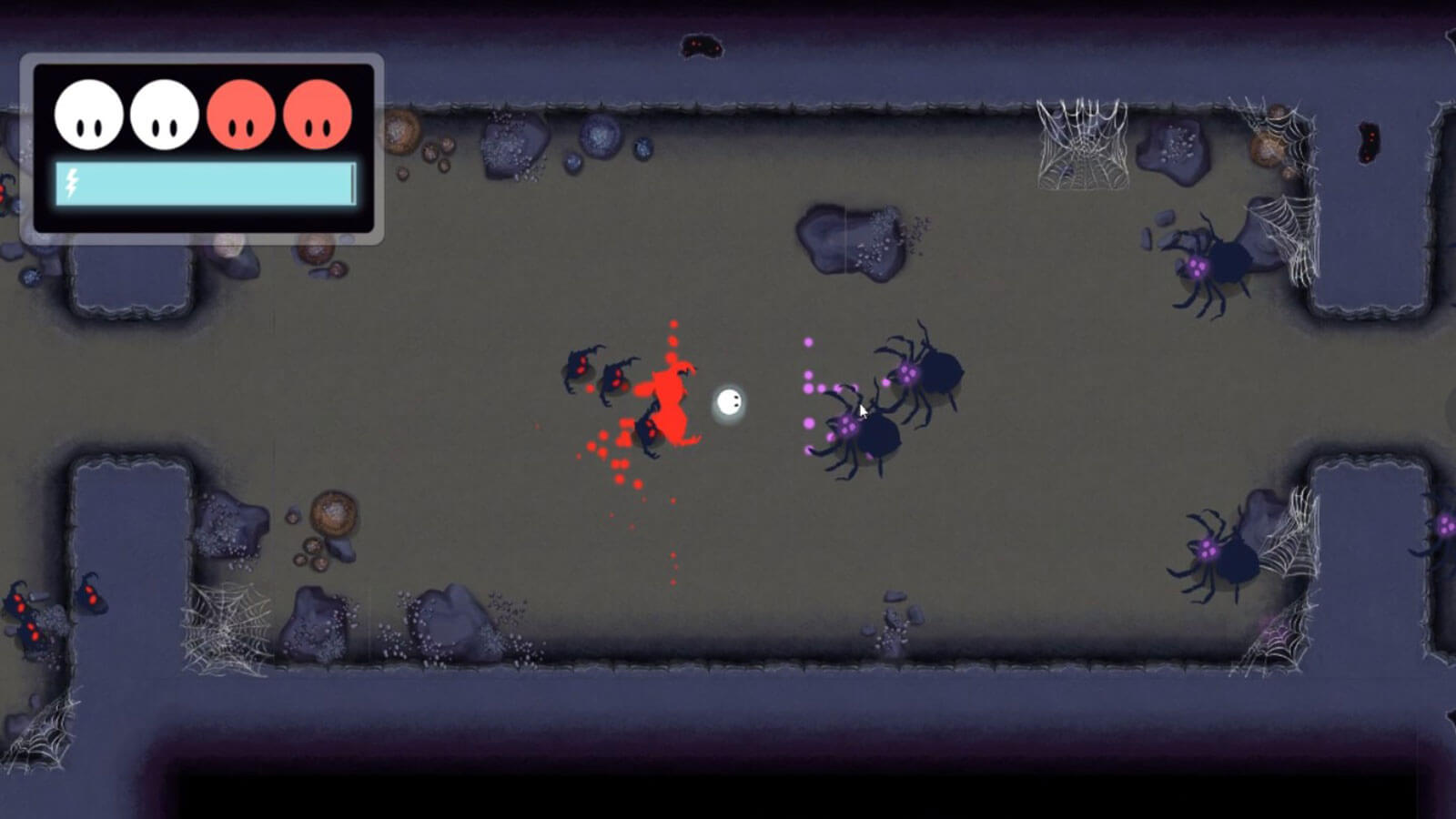 A white orb character surrounded by dark sprites and spider enemies