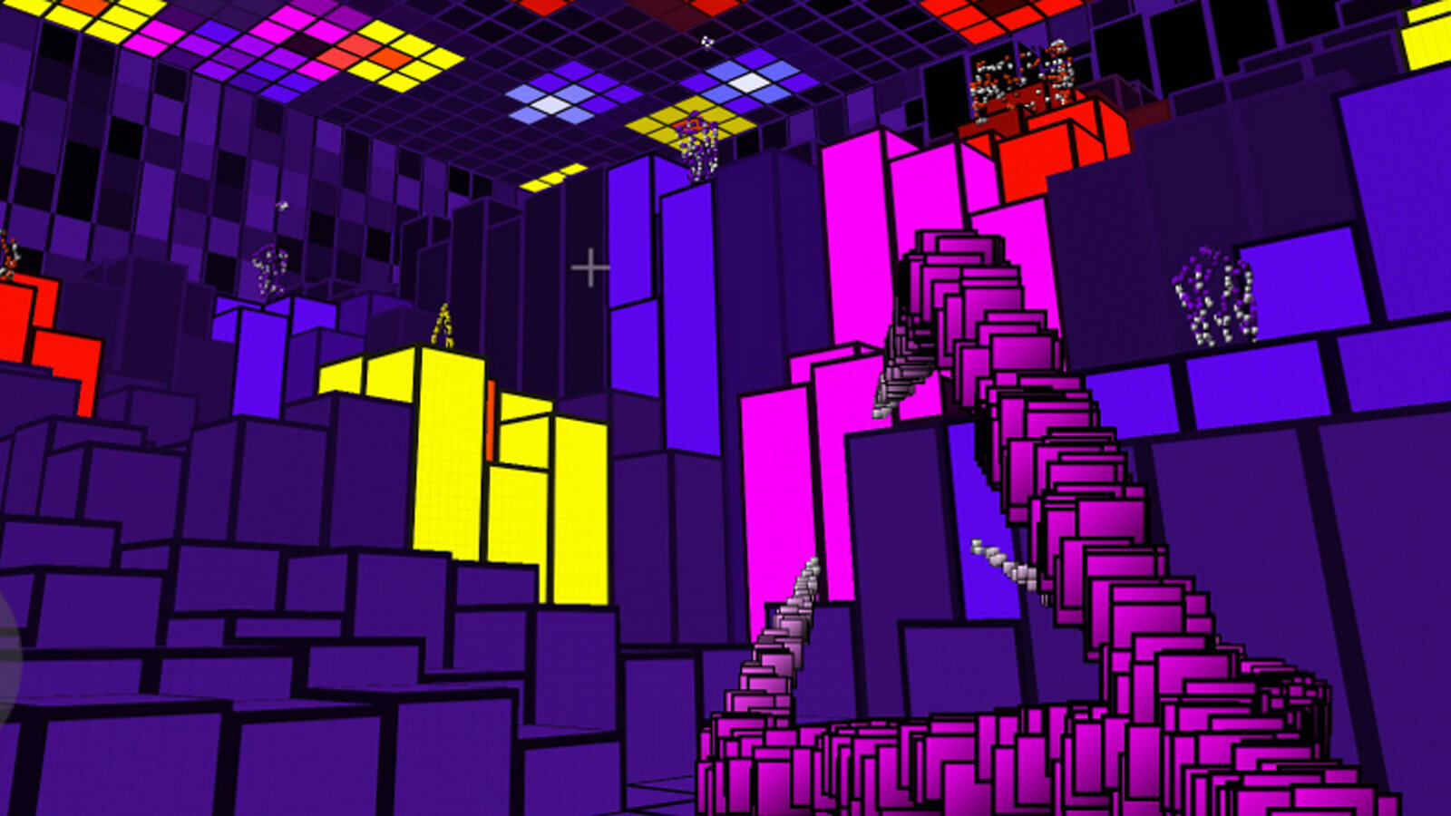 The player aims a claw-like weapon composed of hundreds of cascading purple squares