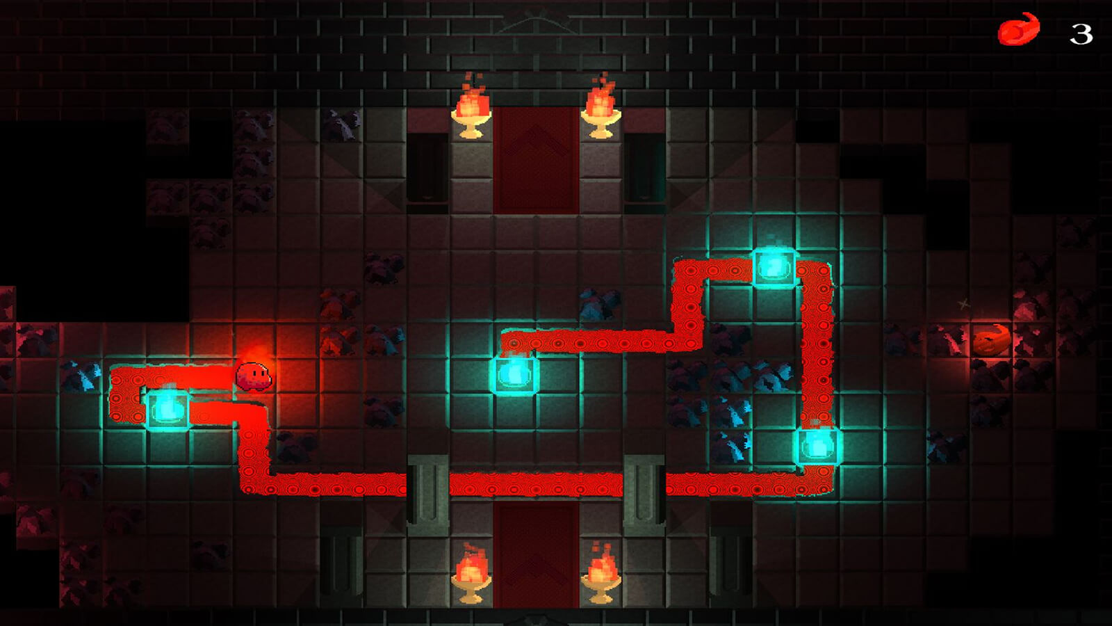 A red trail shows the path of a flame gooey as it moves through a gridded room. 