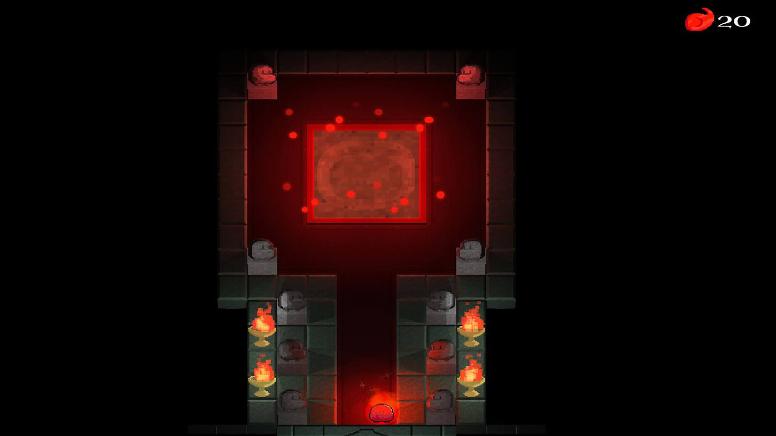 A red gooey enters a chamber with a glowing red square platform in the center. 