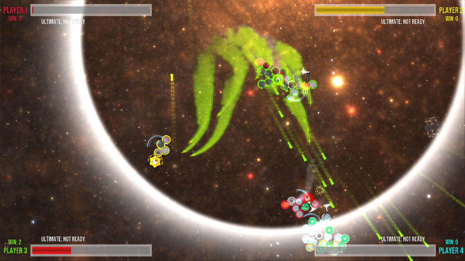 A group of "I" creatures battle each other in space with noxious green spray guns. 