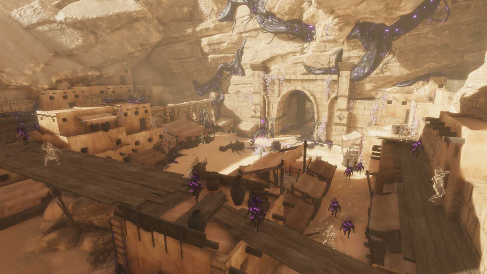 Overhead view of a desert marketplace filled with enemies