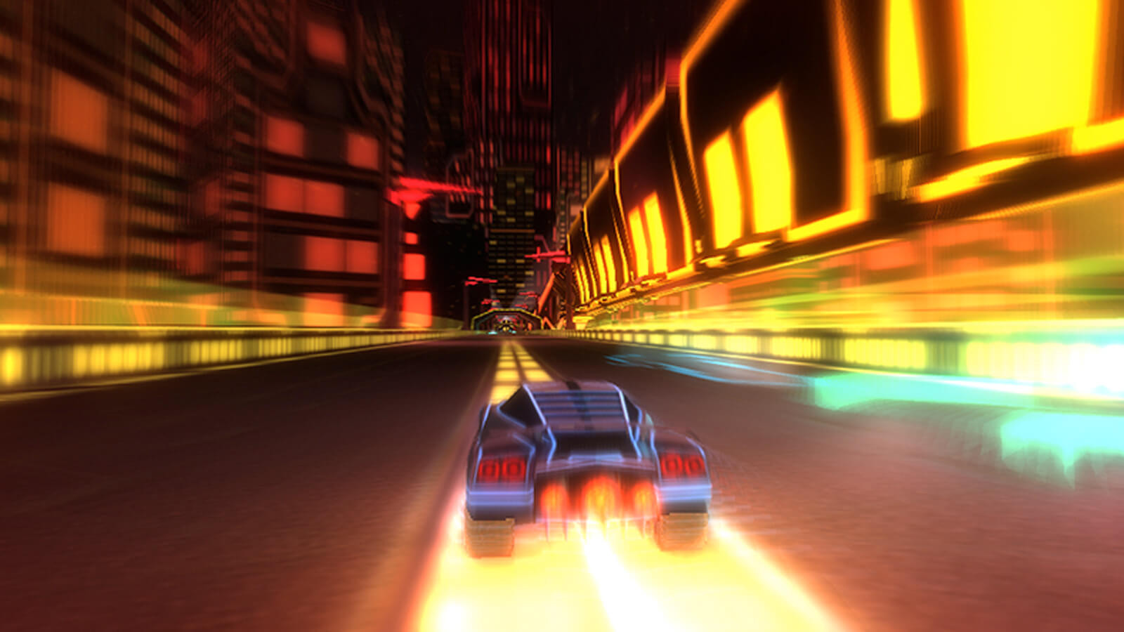 A car speeds through a glowing, futuristic cityscape.