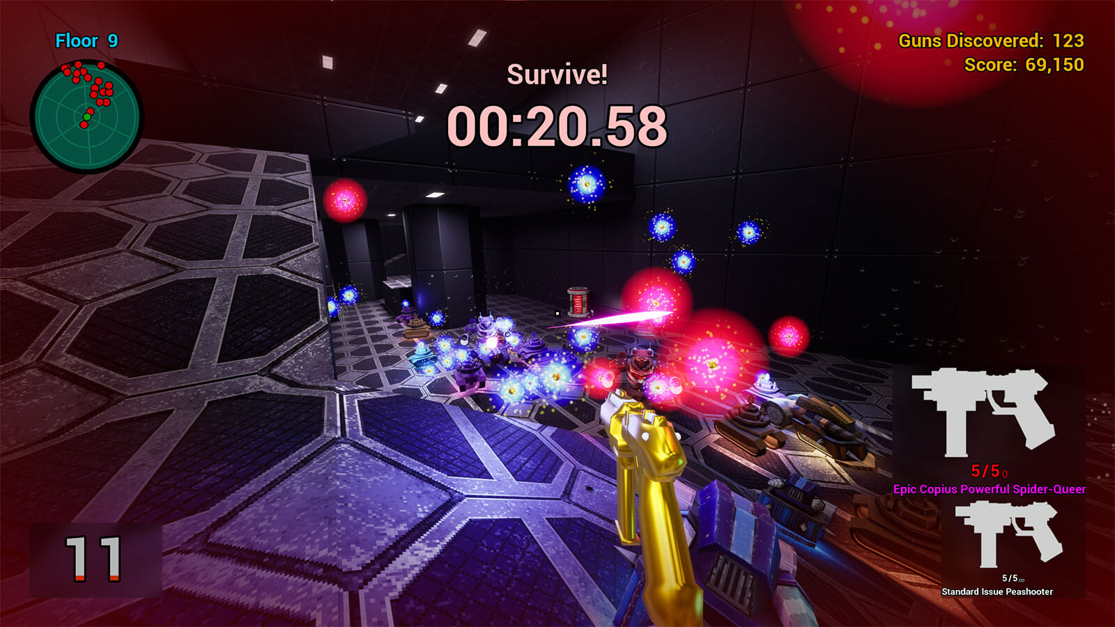 Enemy robots fire projectiles at the player