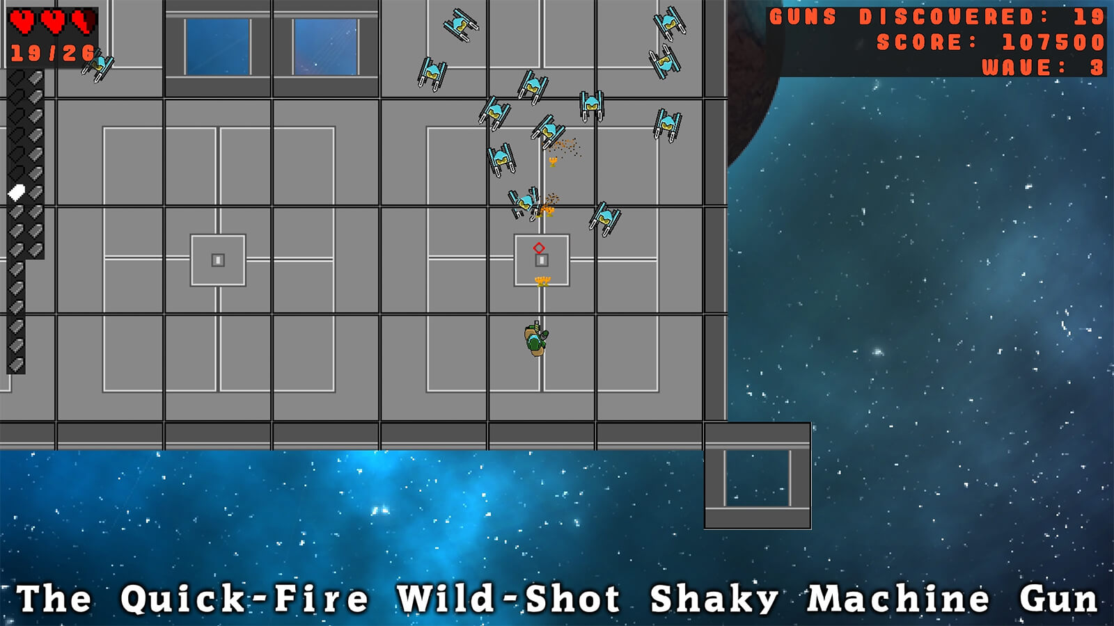 A wave of robots attacks the player, who is wielding "The Quick-Fire Wild-Shot Shaky Machine Gun."