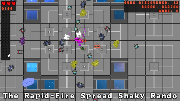 Waves of robots attack the player, who is wielding "The Rapid-Fire Spread Shaky Rando."