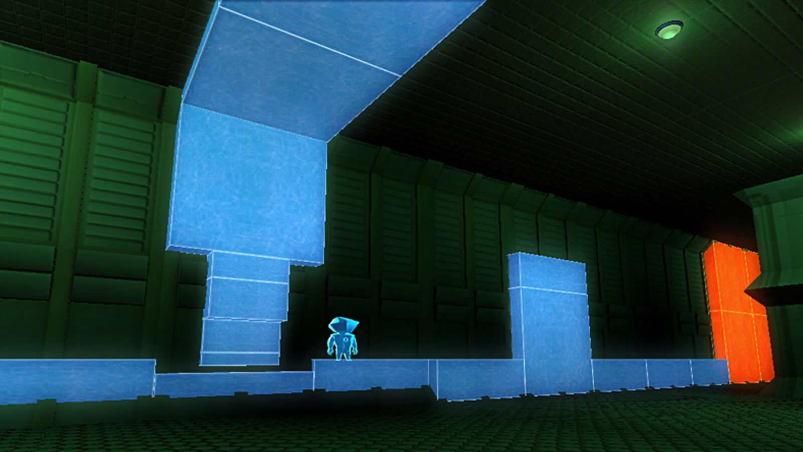 The player's avatar stands on blue blocks in a green-tinted room