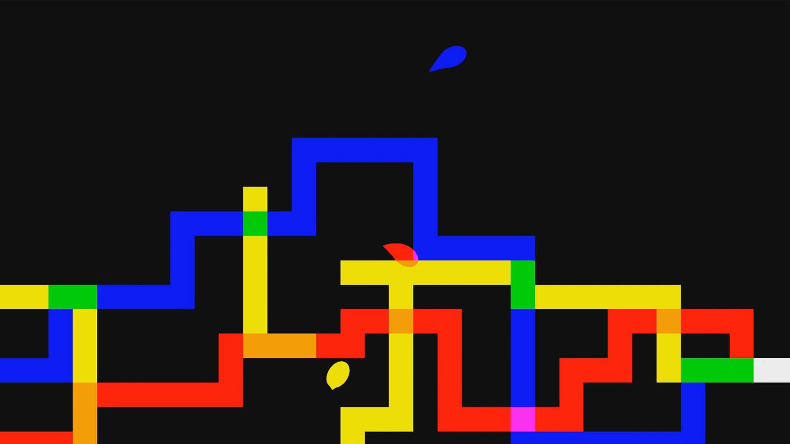 A blue, red, and yellow blob jump through zig-zagging, intersecting walls of varying colors.