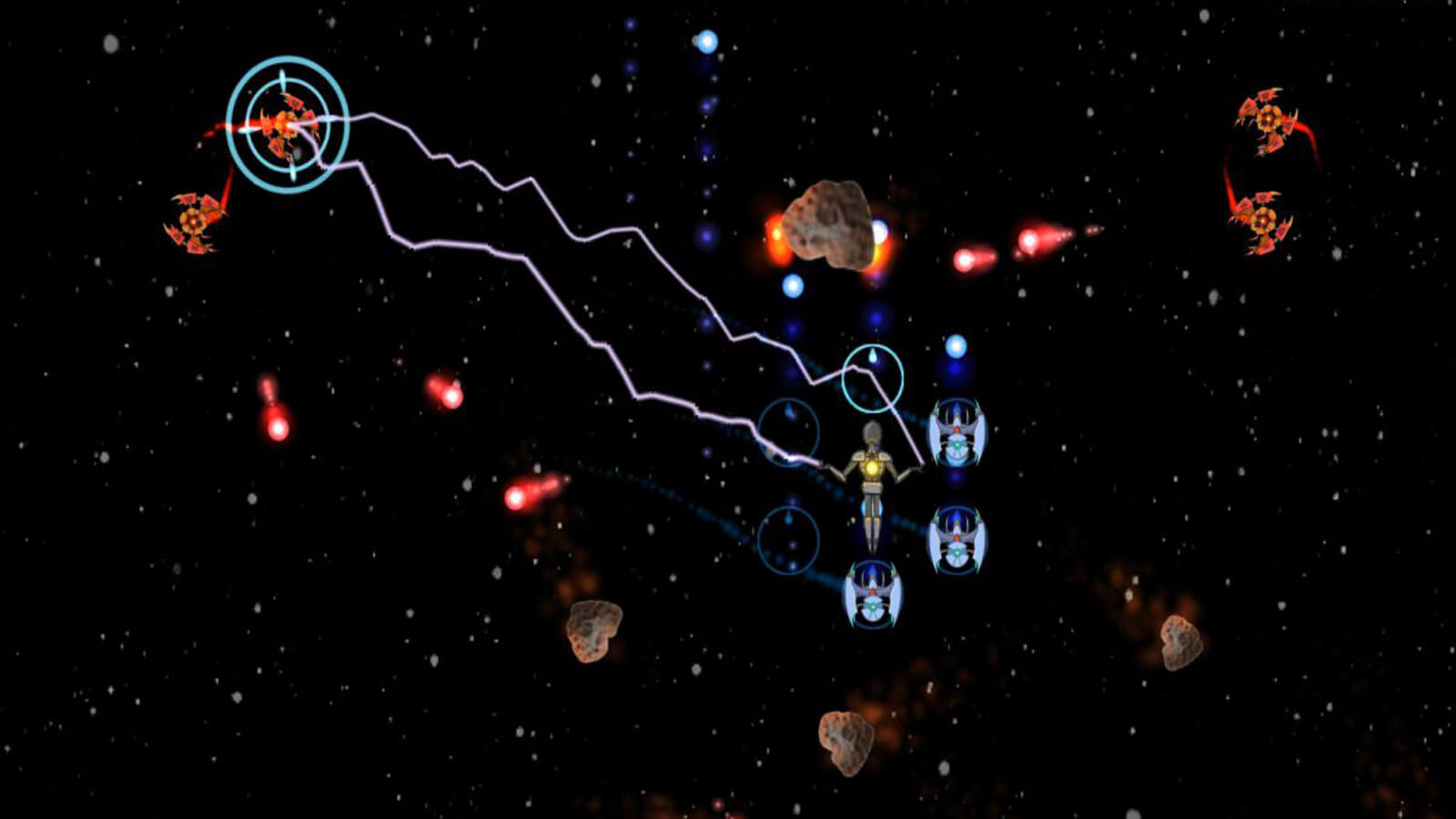 A humanoid controlling three ships zaps a red enemy ship as asteroids float by.