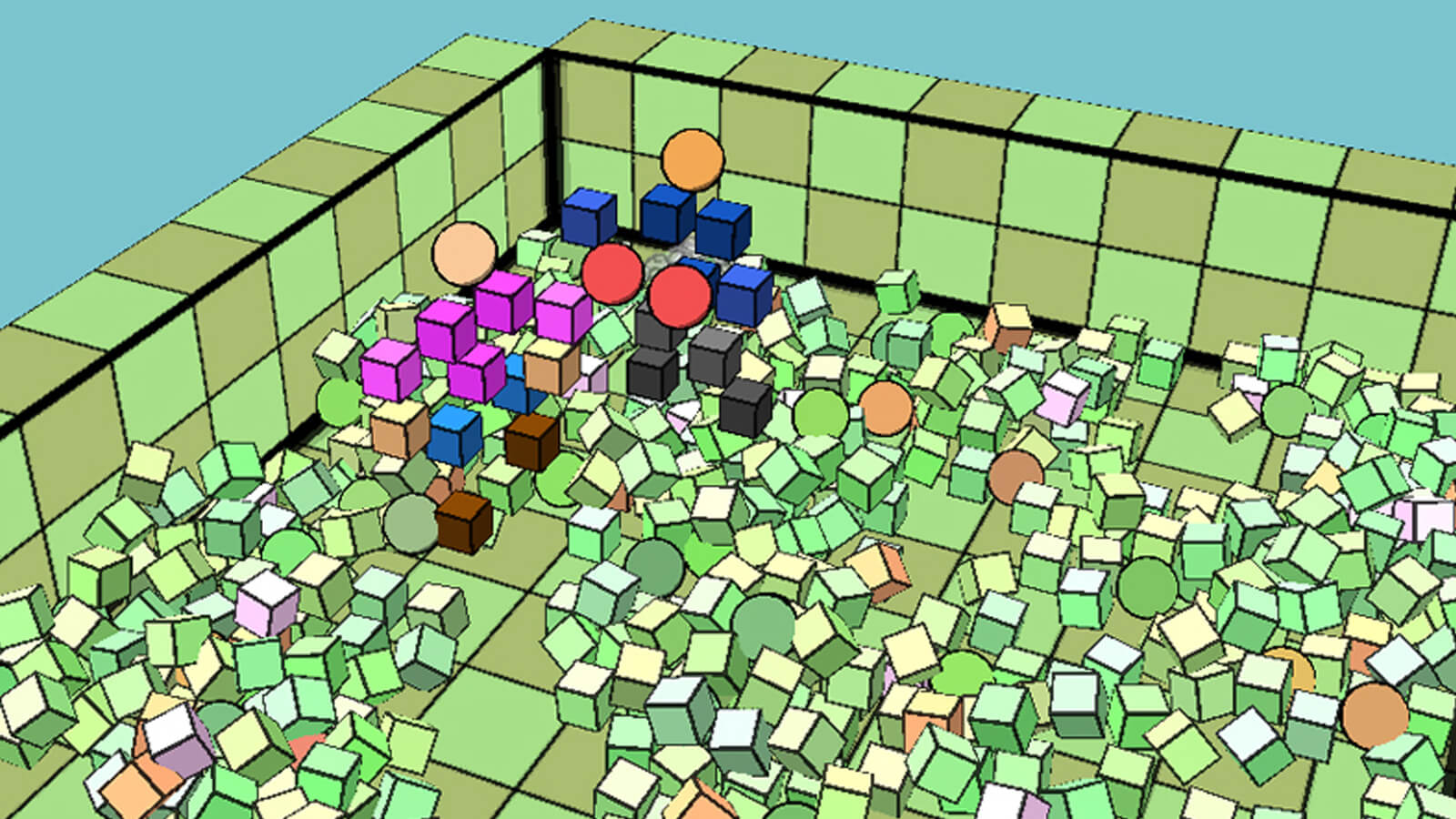 Two geometric people combat each other in a room littered with cubes.