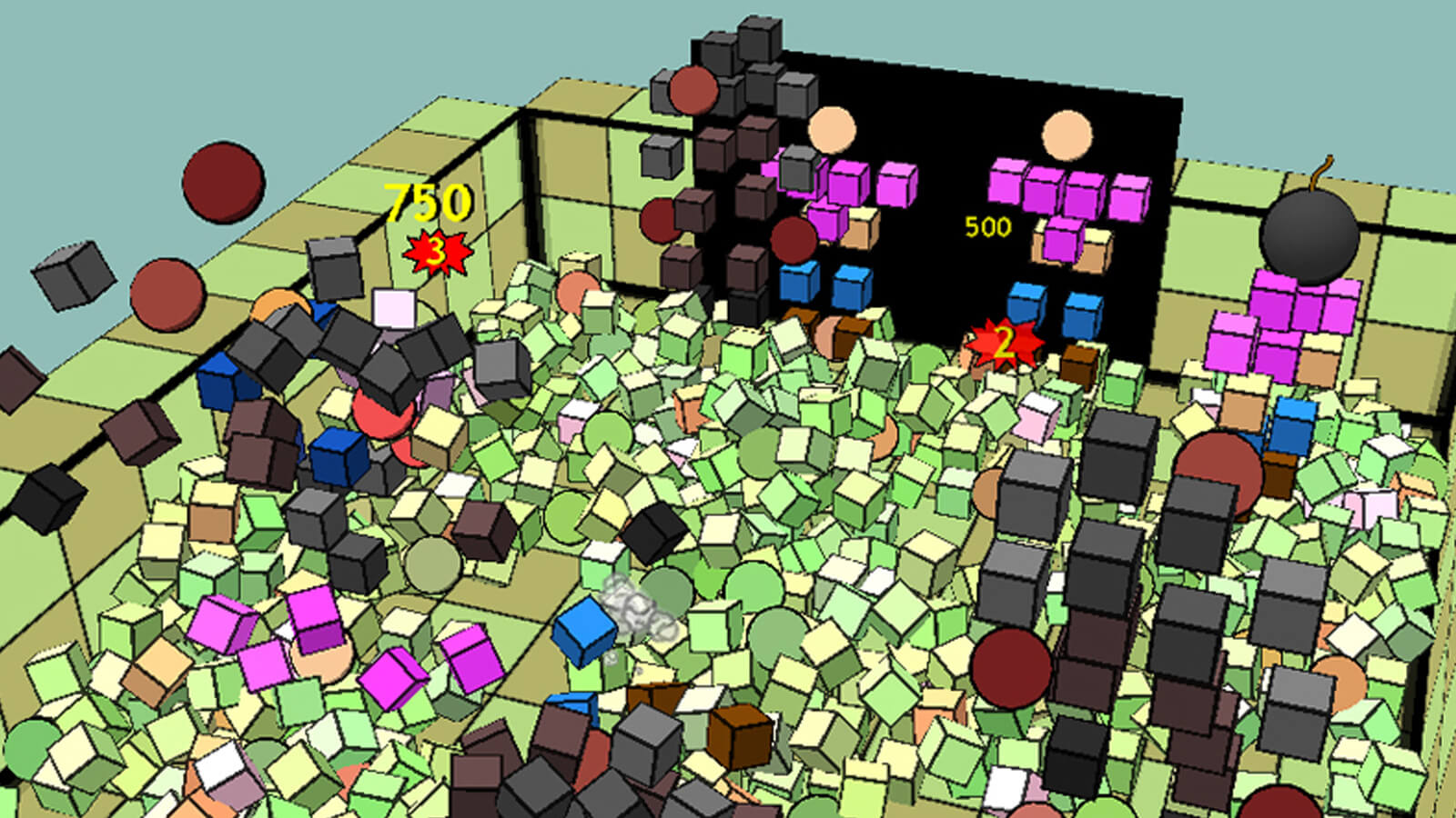Waves of geometric people smash each other into blocks littering the room.