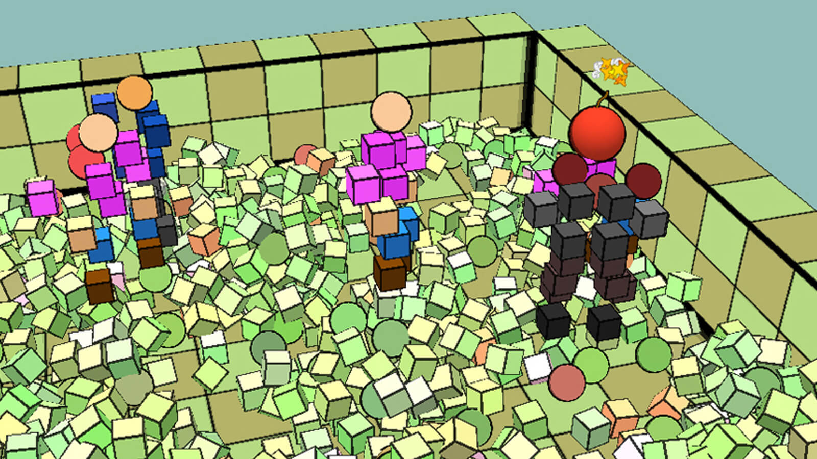 Three geometric people stand in a room littered with cubes.
