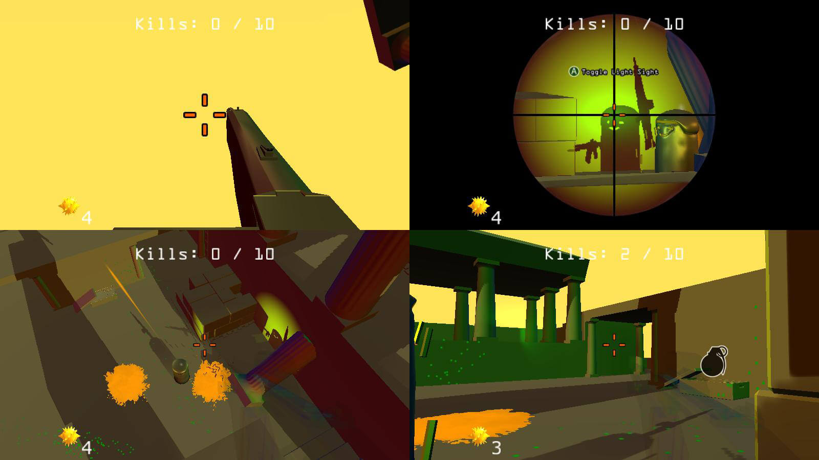 A four player split-screen view, one in the top right sees a player's shadow.