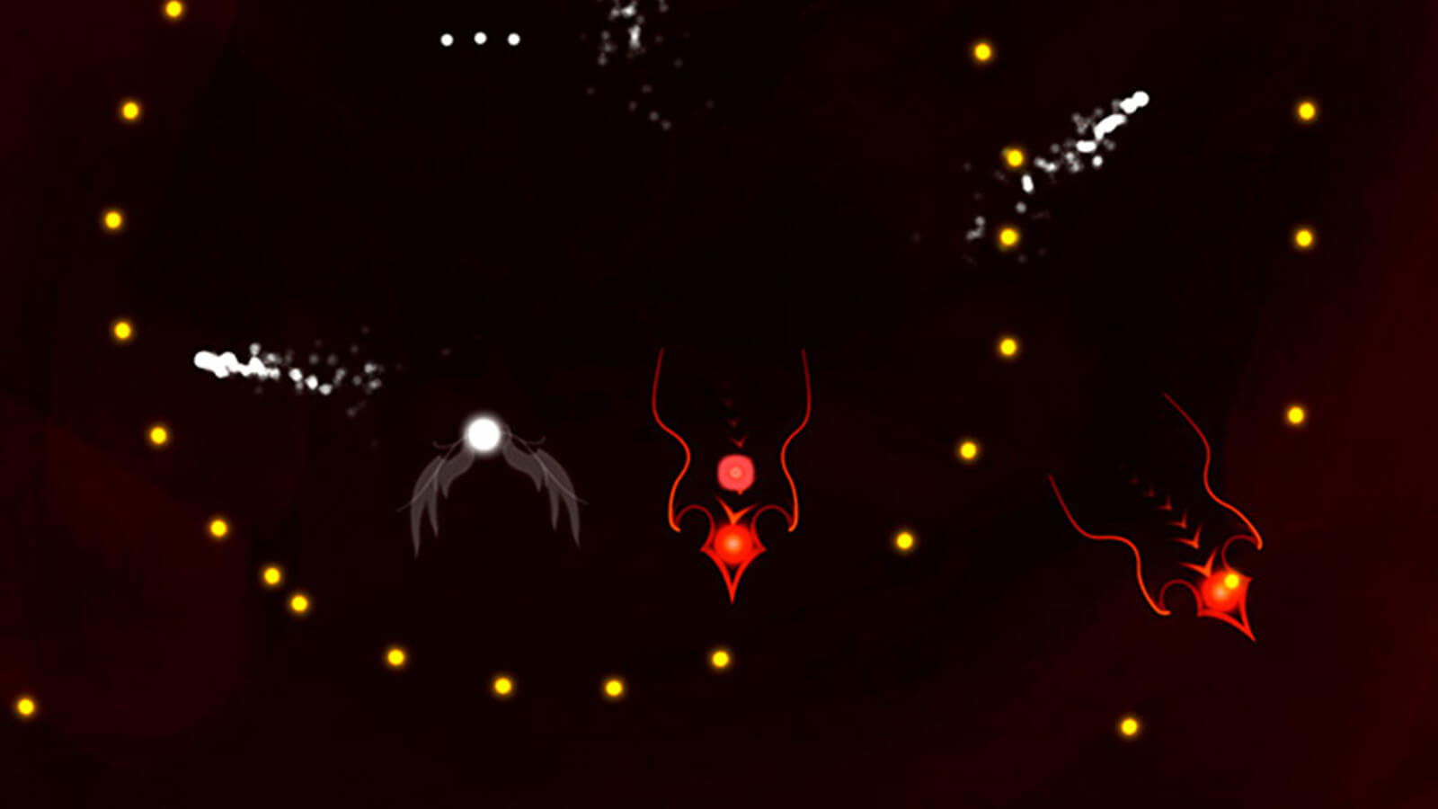 Abstract red entities surrounded by yellow dots float past a winged orb of light. 