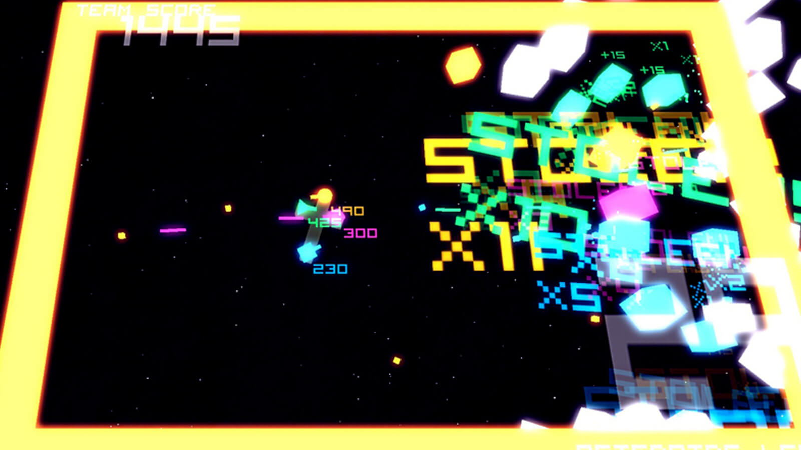 A fleet of glowing cubes approach the players' space ship. 