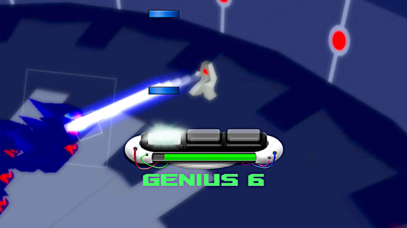 A blue dash falls towards a console with the word "GENIUS 6" below it.