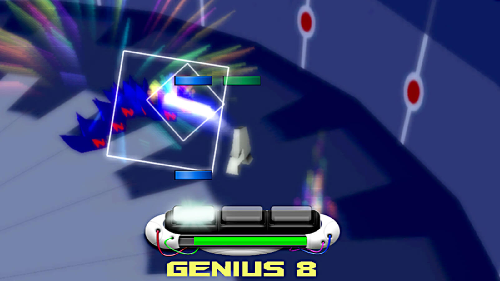 Two blue dashes and a green dash fall towards a console with the word "GENIUS 8" below it.