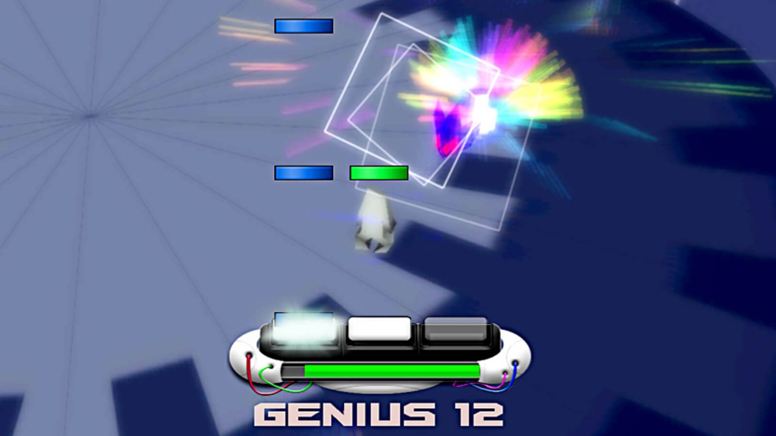 Two blue dashes and a green dash fall towards a console with the word "GENIUS 12" below it.