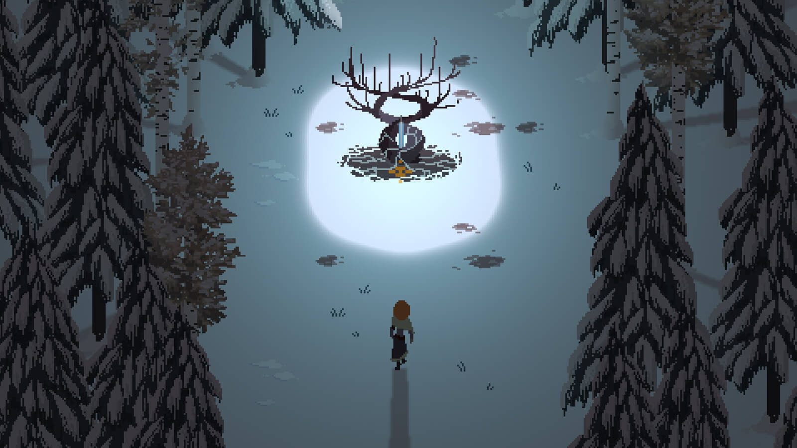 The game's heroine approaches a blade stuck in the base of a twisted, glowing tree, surrounded by darkness. 