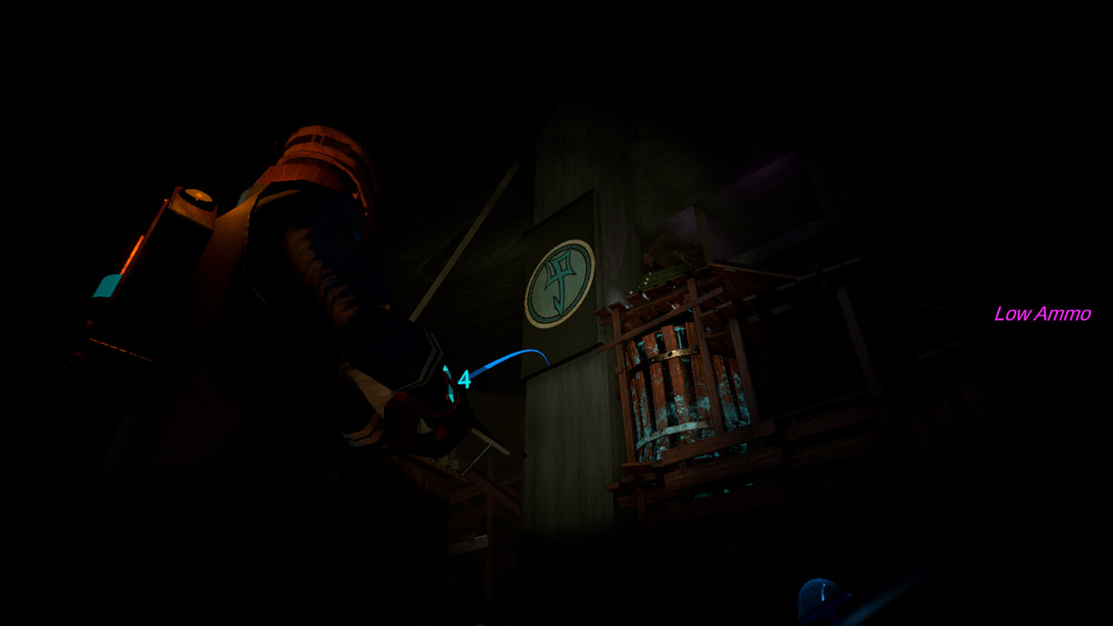 A man in a blue coat crouches through a very dark shaft, a glowing red eye in the distance. 