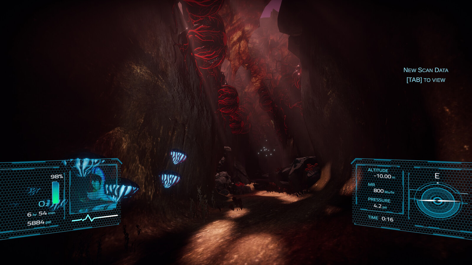 An alien cavern with glowing blue mushrooms, red growths, and the player's HUD layered on top.