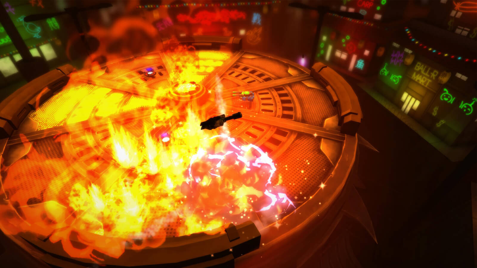 Flames engulf a metallic battle arena.