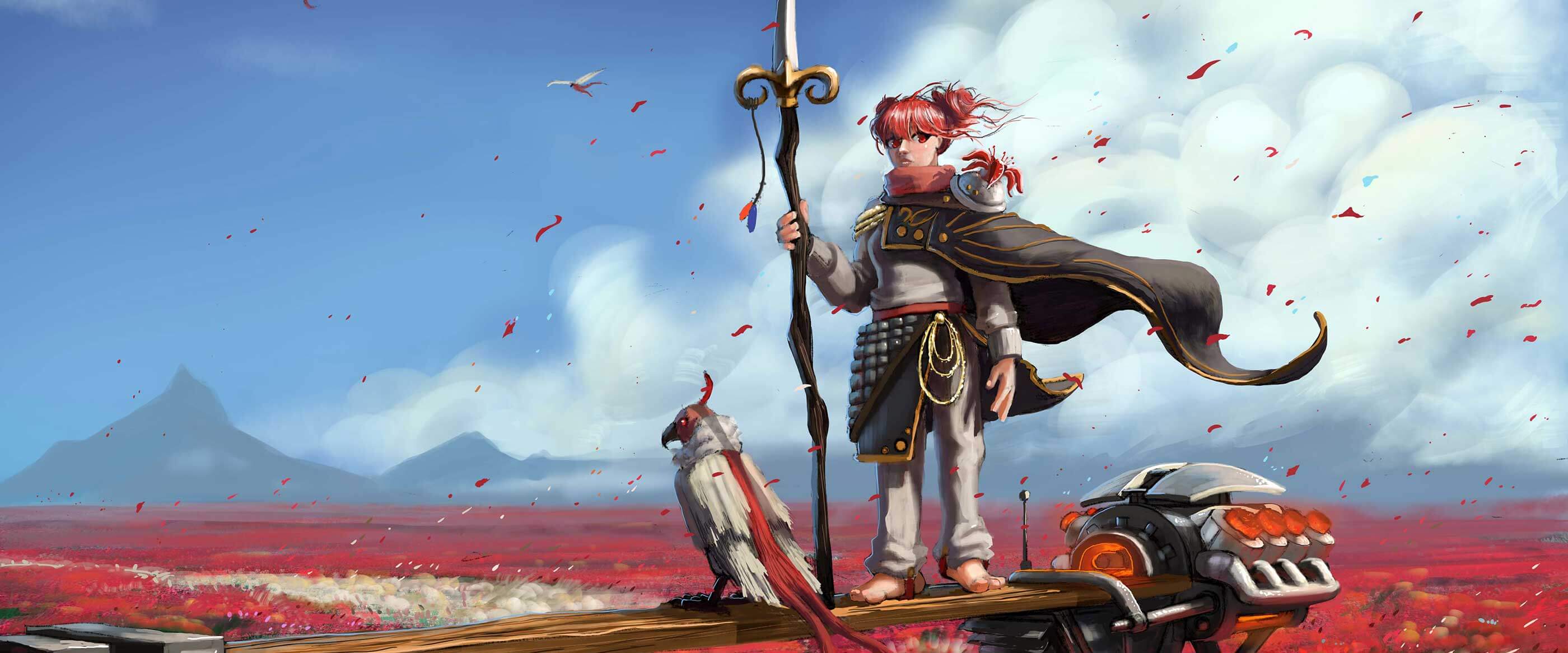 A falcon and a fantasy-style caped woman with a spear stand in a windswept red landscape.