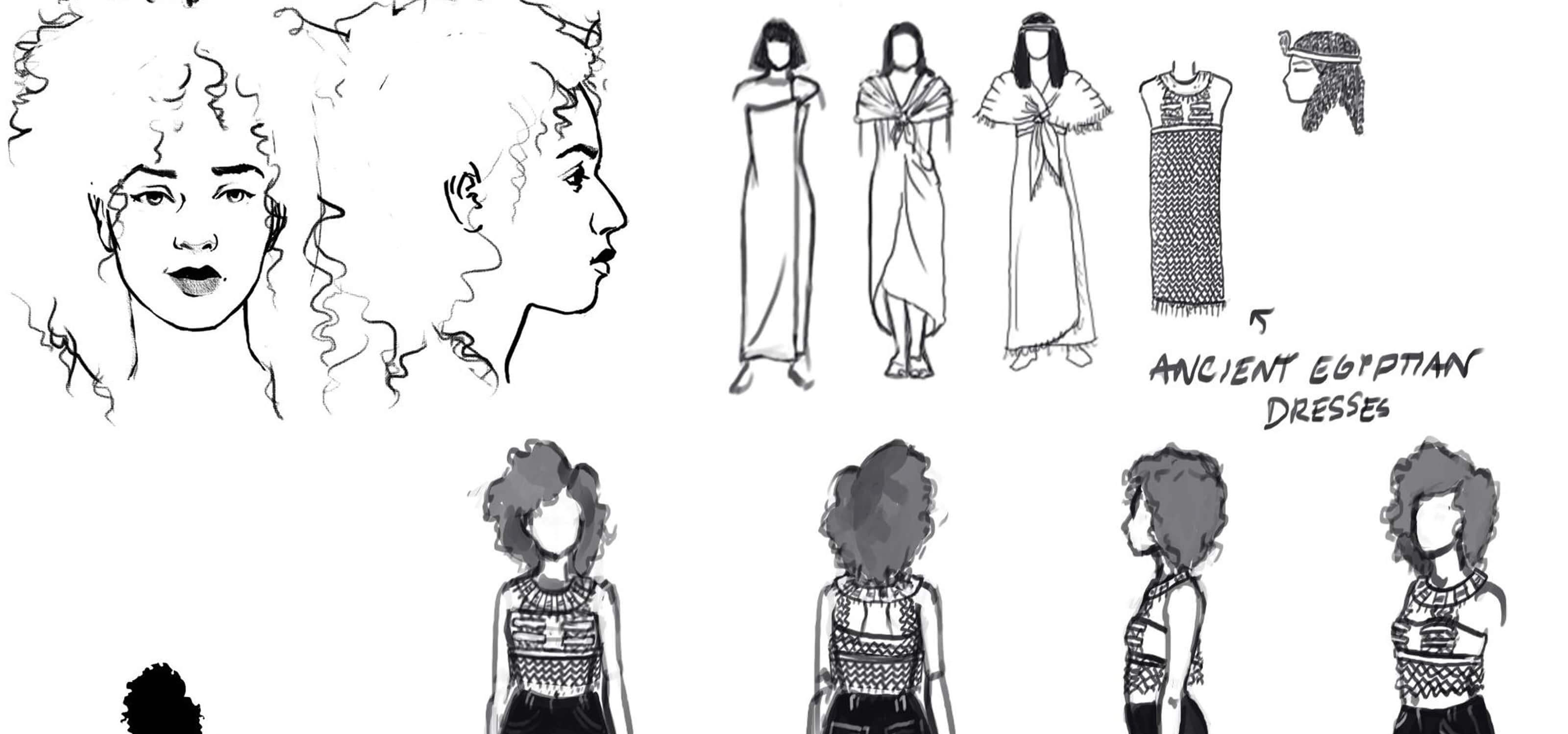 Concept sketches of Isabel Anderson's female action figures