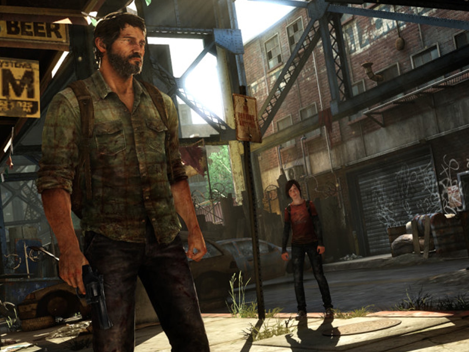 Screenshot from the Naughty Dog game The Last of Us, featuring two characters in a graffiti-covered alley
