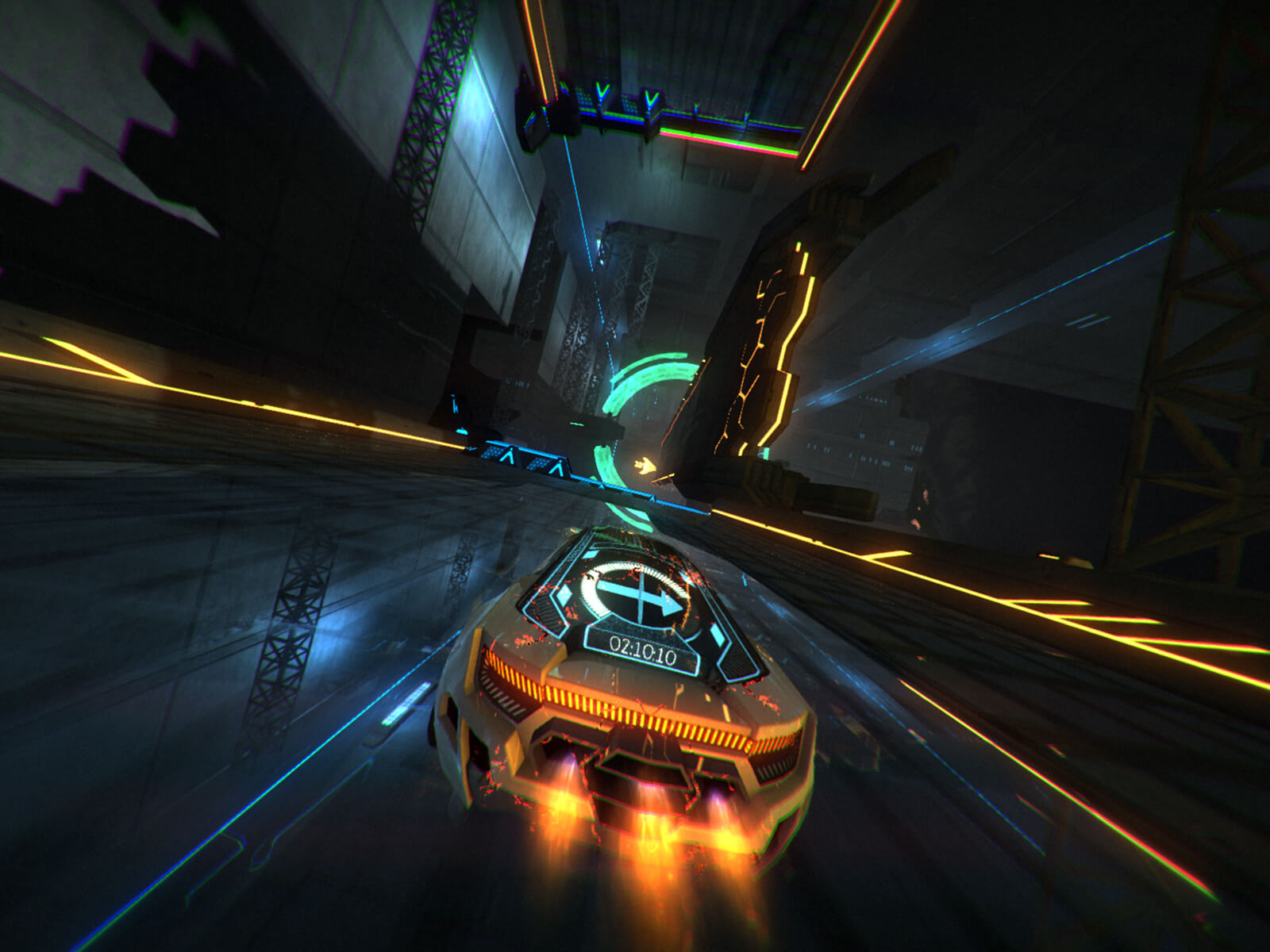 Screenshot from Refract Studios' Distance v1.0 of a neon-trimmed car racing through a darkened landscape