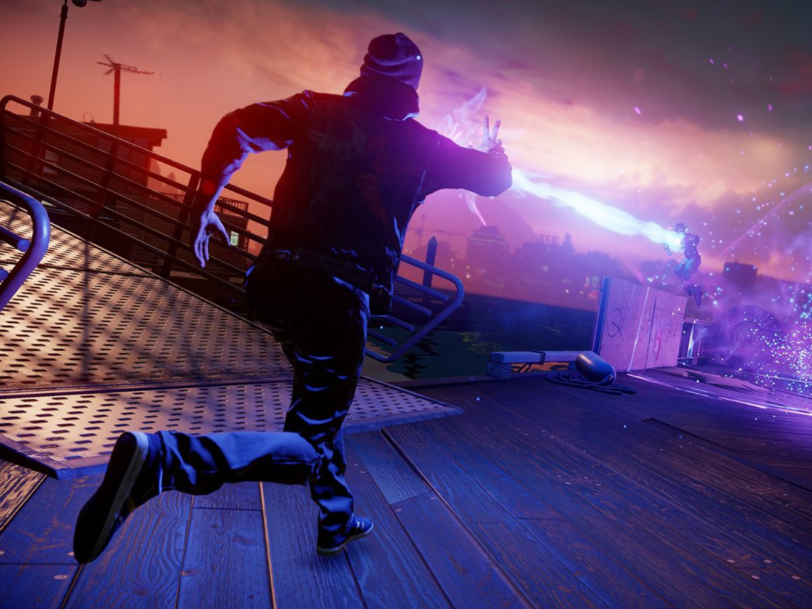 Screenshot of Infamous Second Son protagonist Delsin Rowe on a dock at night, running toward two assailants