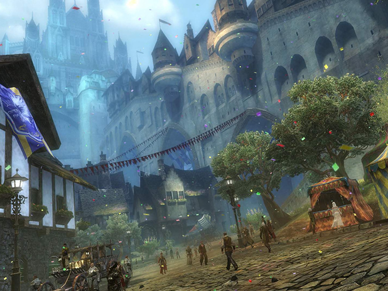 Scene from Guild Wars 2 featuring a village square surrounded by castle-like buildings at twilight