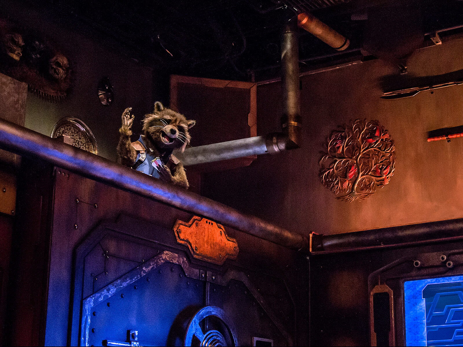 Audio-animatronic Rocket Raccoon welcomes riders to the Guardians of the Galaxy: Mission Breakout at Disney's California Adventure theme park