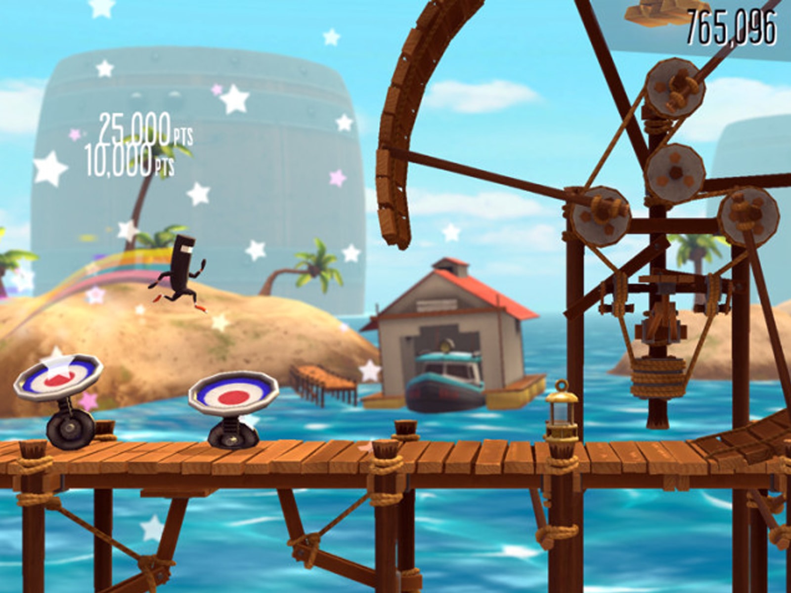 Screenshot of the Aquatic Symphonic level from bit.trip runner 2, with a character running on a wooden platform above water