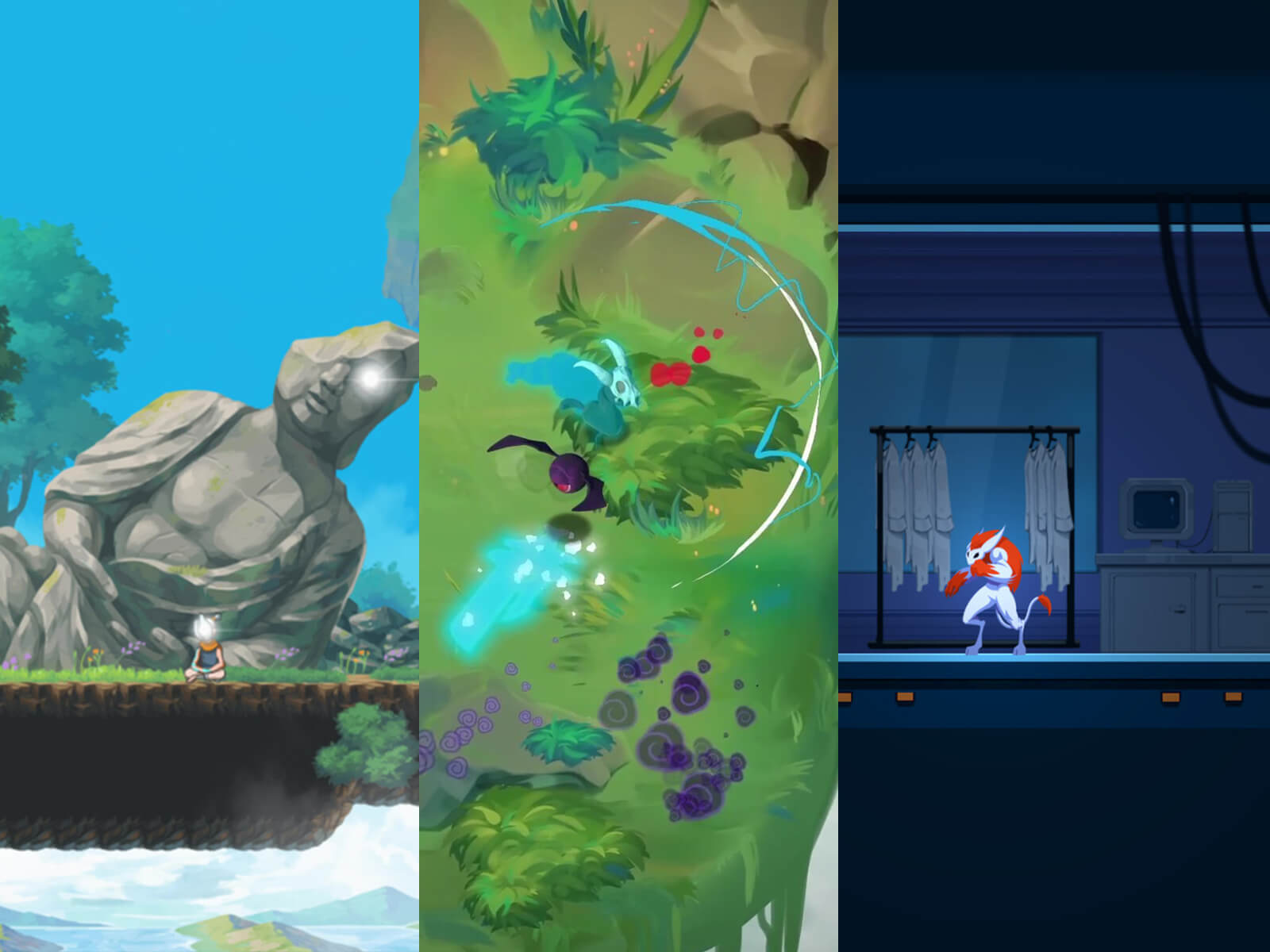Three side-by-side screenshots taken from DigiPen student games Arc Apellago, Isles of Limbo, and Nohra.