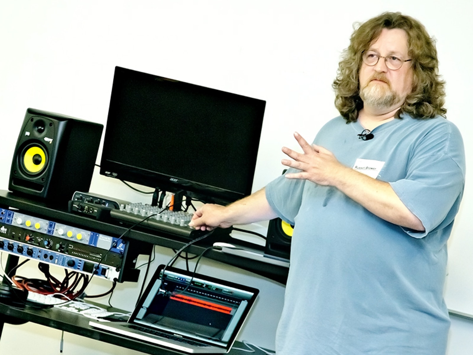 Russell Brower giving a sound demonstration in a DigiPen classroom