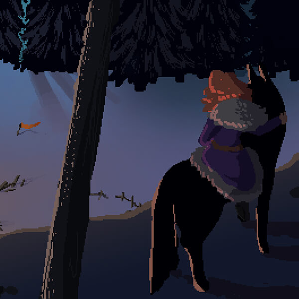 A screenshot from DigiPen student game The Blade in the Bark showing a girl on a wolf’s back in the woods.