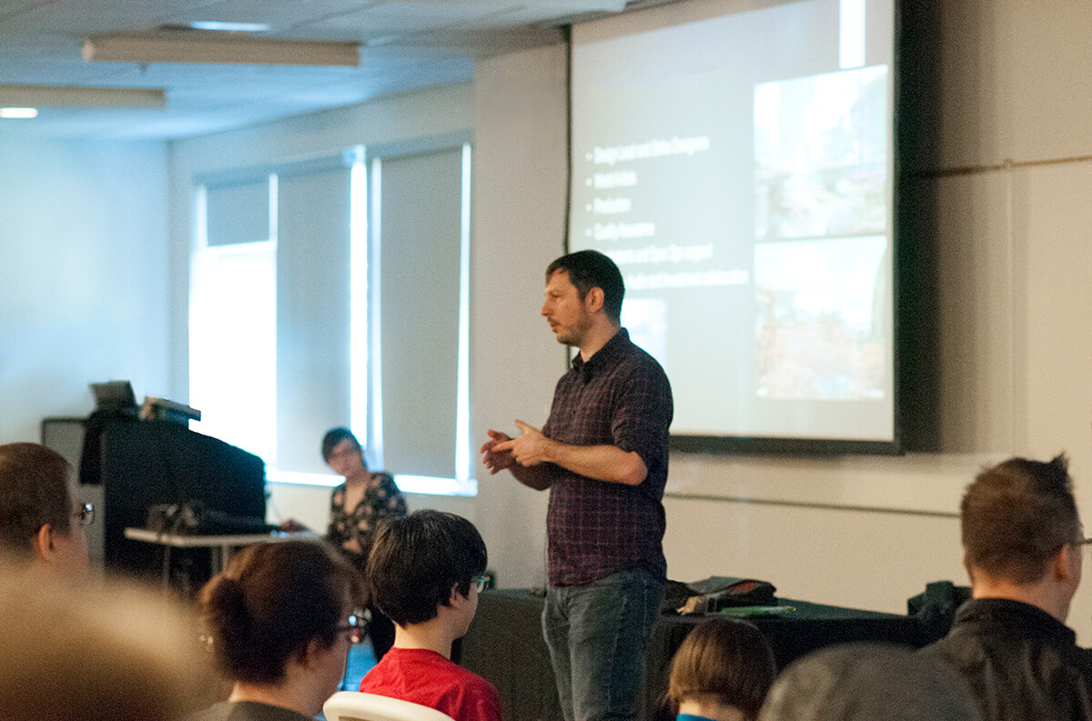 View from the audience of DigiPen alumnus Peter Kugler speaking at the Bungie Career Talk