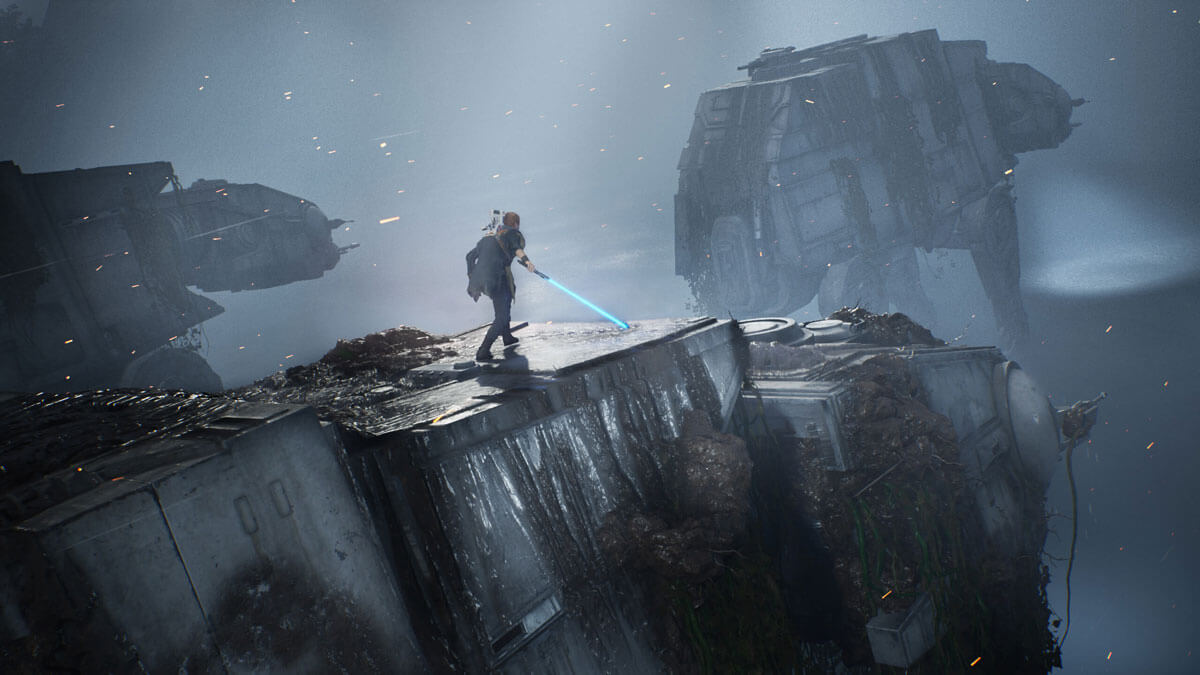  Fallen Order protagonist walks atop an AT-AT with his lightsaber drawn